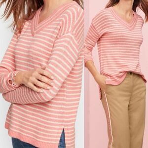 Talbots Womens Pullover Knit Sweater Pink Striped Linen cotton Blend V-Neck XLP